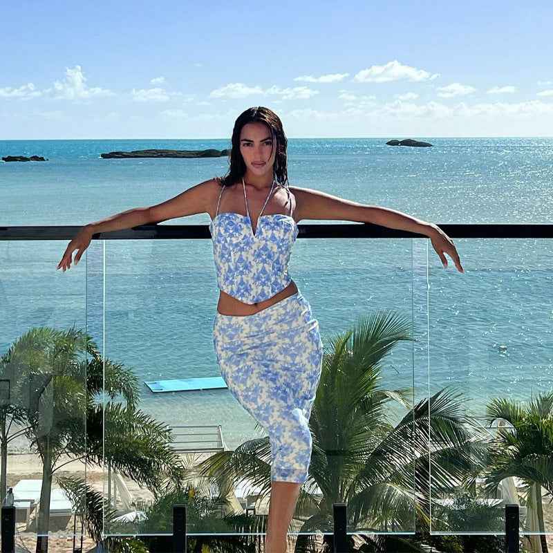 Women Summer Retro Printed Skirt Two-Piece Set Casual Set Women Corset