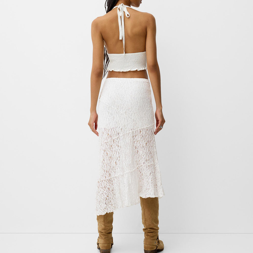 Elegant Women Lace Skirt Hollow Out Cutout Skirt Irregular Asymmetric Jacquard Long Skirt - ALZO