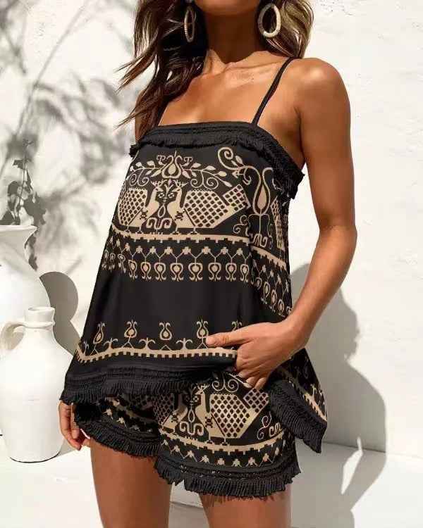 Summer Women Clothing Printed Sexy Sling Tassel Set