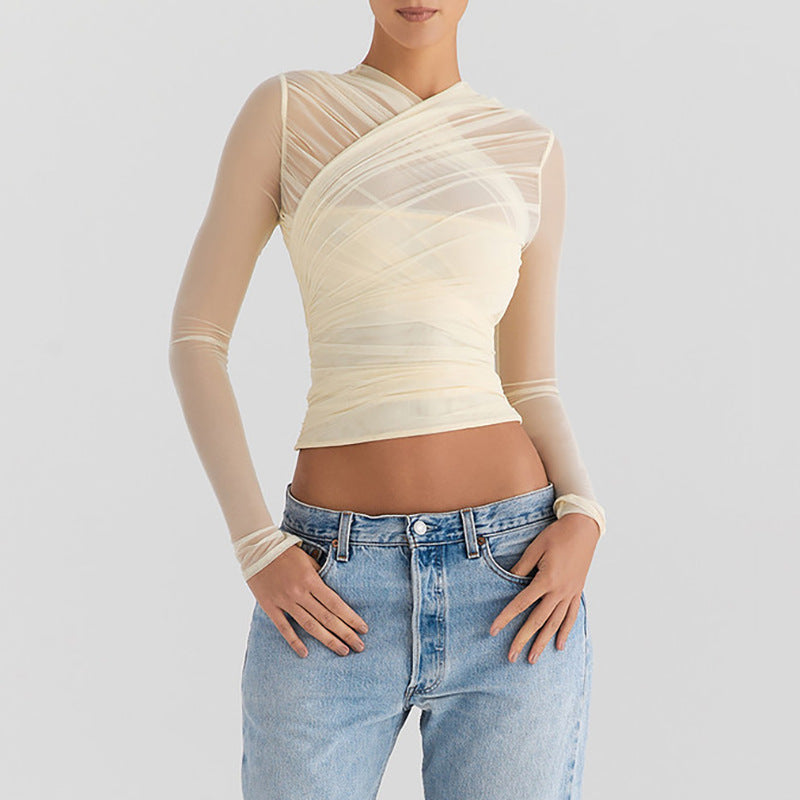 Sexy Mesh Stitching Zipper See through Long Sleeve Short Top - ALZO
