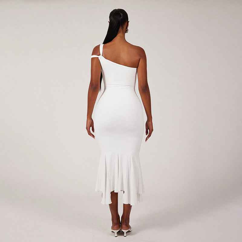 Women Sexy Ladies Dress Solid Color Basic One Shoulder Cut out Ruffled Irregular Asymmetric Tube Top Dress