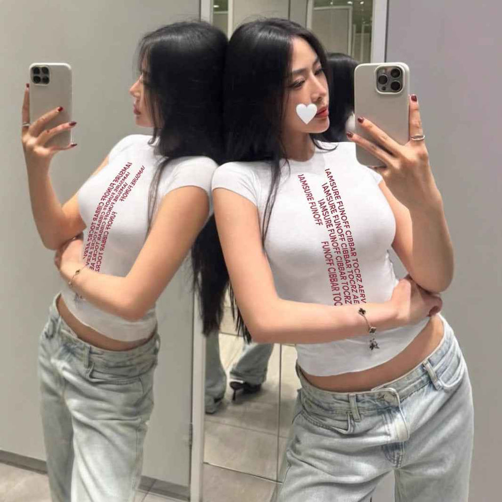 Sexy Street Simplicity English Letter Graphic Short Sleeve T shirt Spring Summer Tight round Neck Casual Top