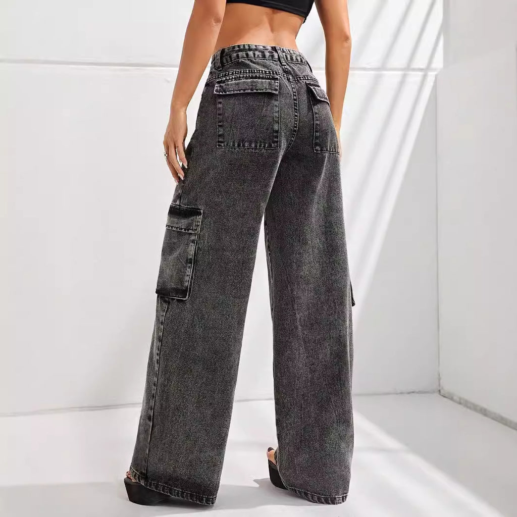 Women Clothing High Waist Large Pocket Slimming Loose Cargo Denim Trousers - ALZO