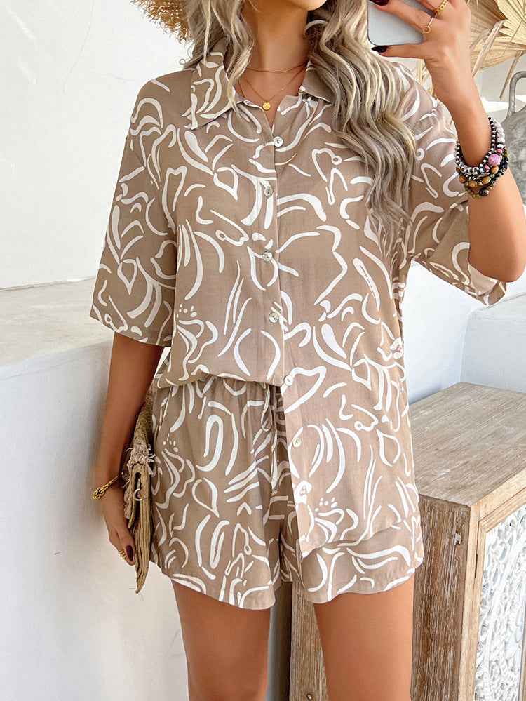 Spring Summer Casual Vacation Wind Floral Contrast Color Cardigan Short Blouse Pants