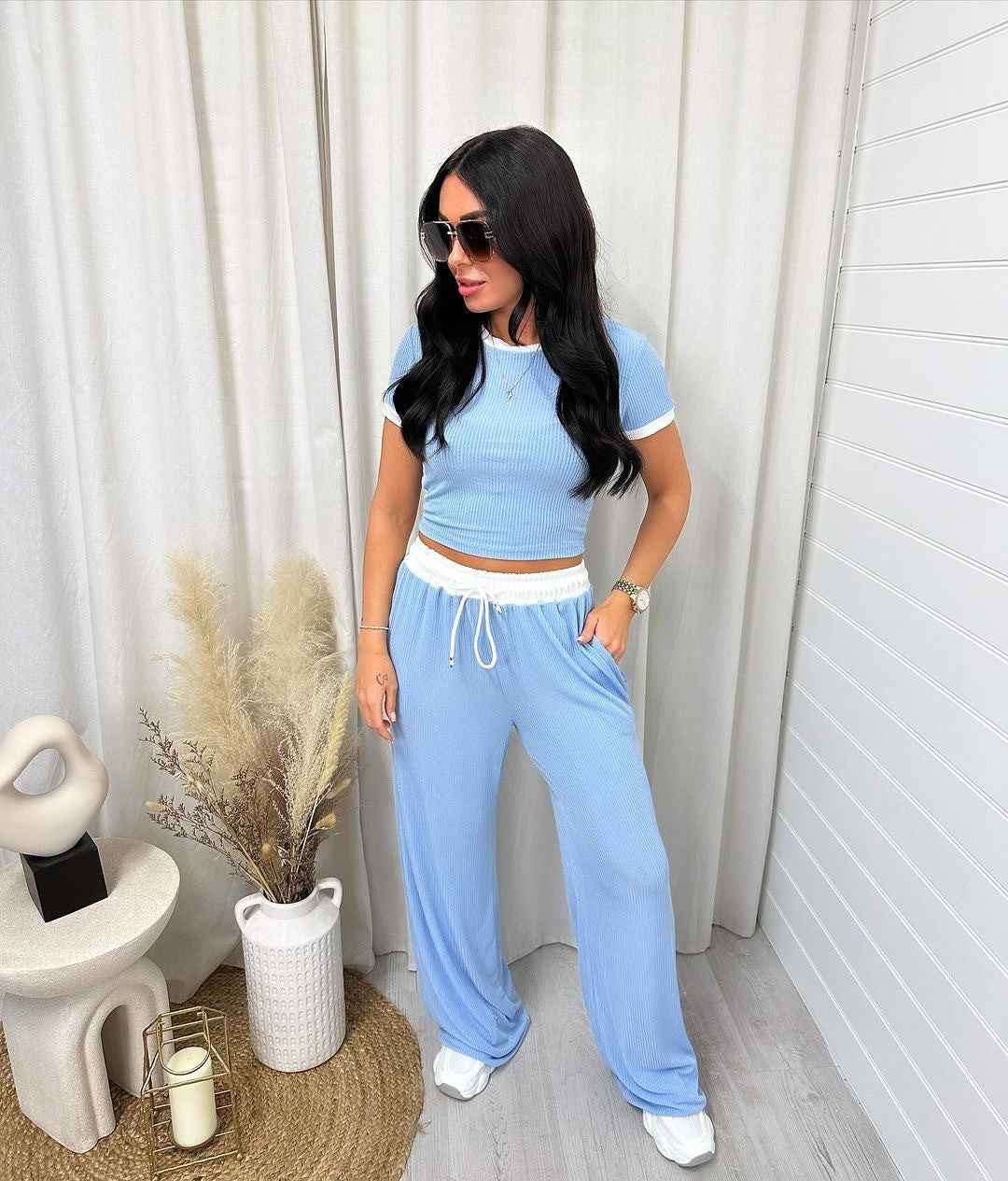 Spring Summer Round Neck Contrast Color Short-Sleeved Women Clothing Casual Wide Leg Pants Sports Suit