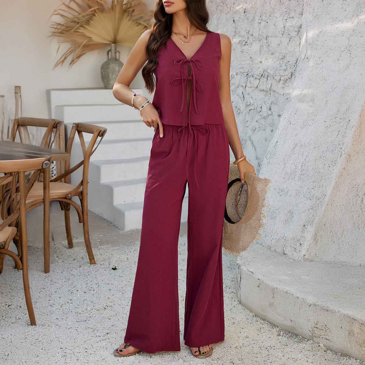 Spring Summer Women Clothing Casual Vacation Solid Color Sleeveless Lace up Top Wide Leg Pants Set