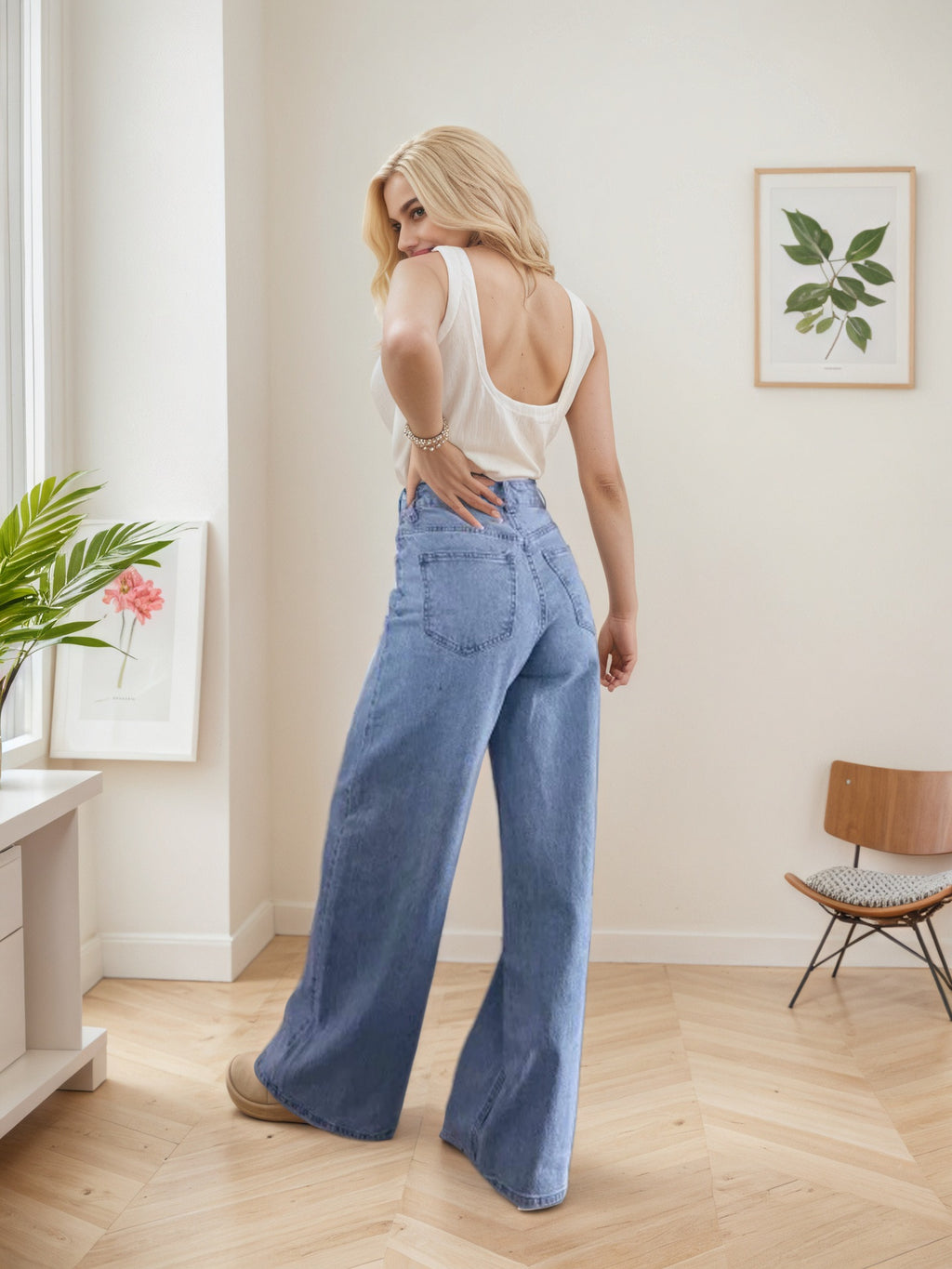 Nostalgic Light Color Stretch High Waist Loose Retro Wide Leg Denim Trousers - ALZO