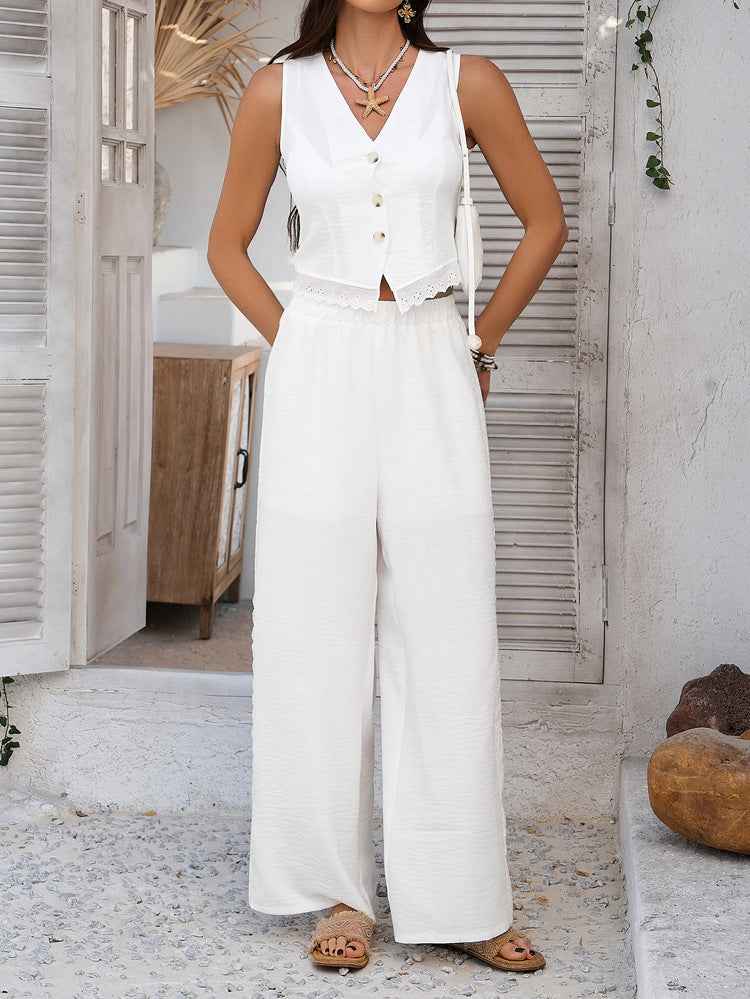 Spring Summer Casual Vacation Office Solid Color Cardigan BM Vest Wide Leg Trousers Set