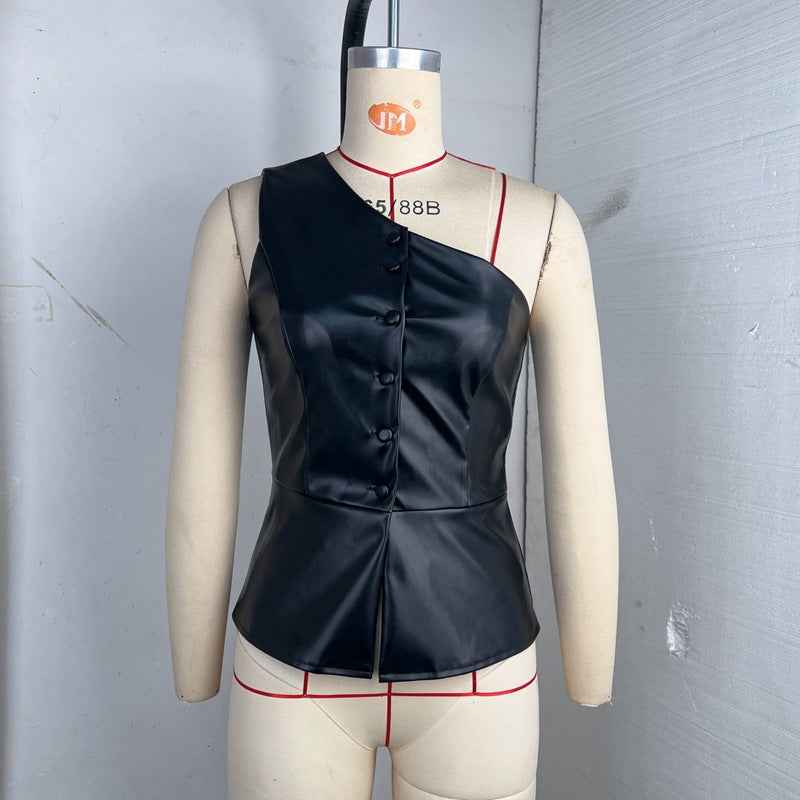 Summer Women Single Breasted Short Faux Leather Shoulder Sexy off Shoulder Vest