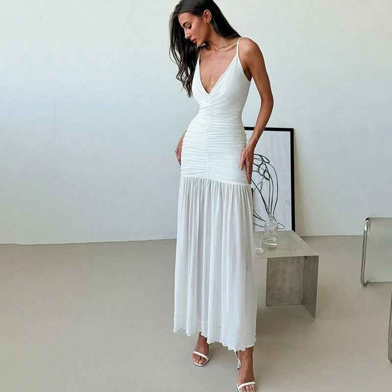 Summer Women Clothing V neck Brace Sexy Mesh Stitching Pleated Slim Fit Dress
