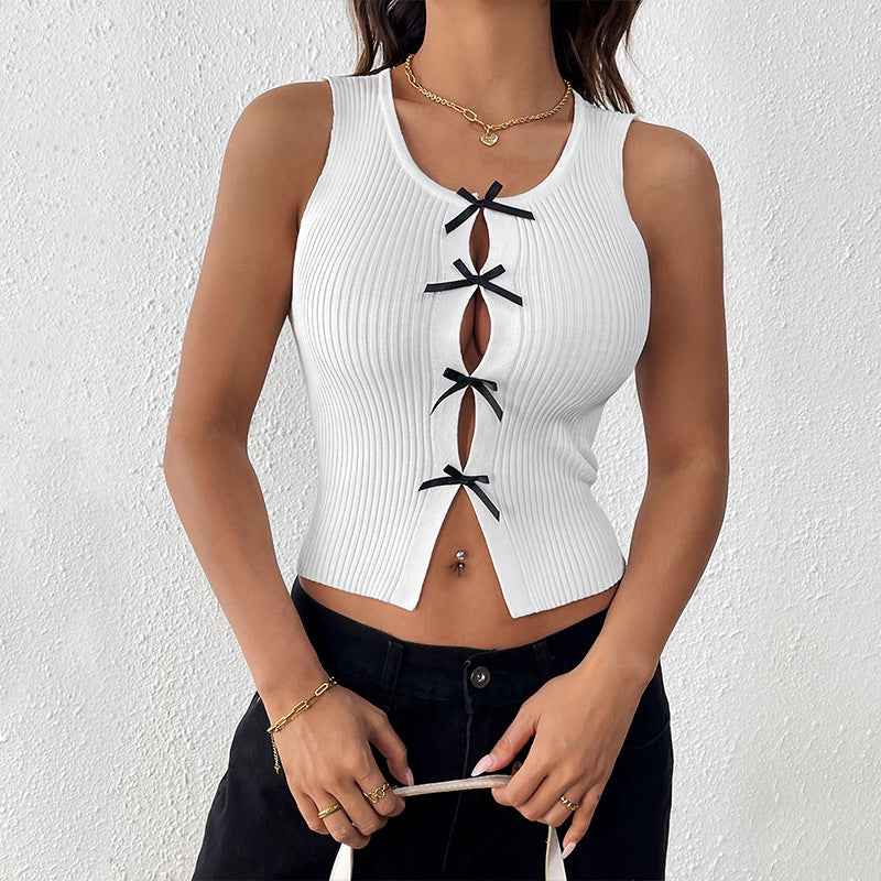 Spring Summer Bow Top Boudoir Girl Hollow Out Cutout Short Knitted Vest Women