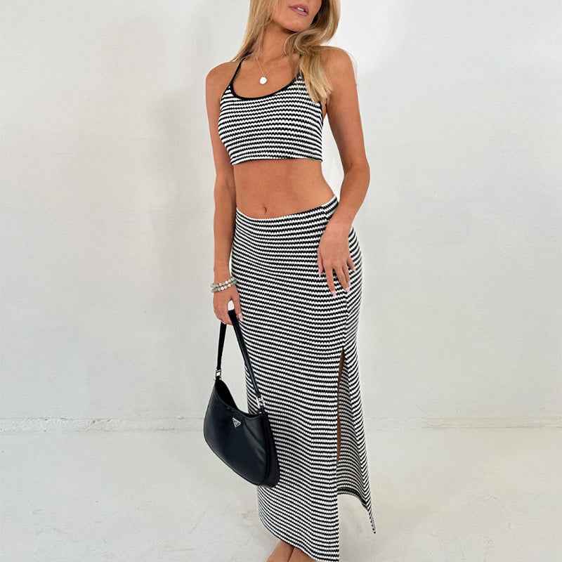 Women Black White Striped Knitted Sexy Two Piece Sets Sleeveless Vest Slim Fit