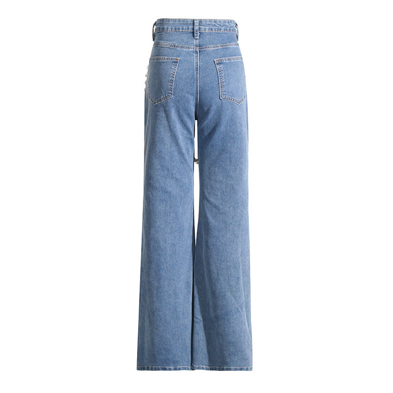 Personality Jeans Women Spring Trendy Ring Rhinestone Stitching Design Straight Pants - ALZO