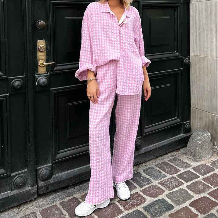 Autumn Winter Pink Plaid Loose Casual Office Two Piece Set for Women