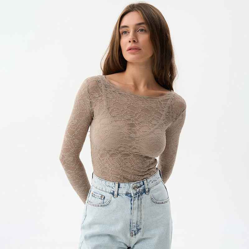 Women Clothing Autumn Winter Lace Transparent Basic Casual Elegant Top Base