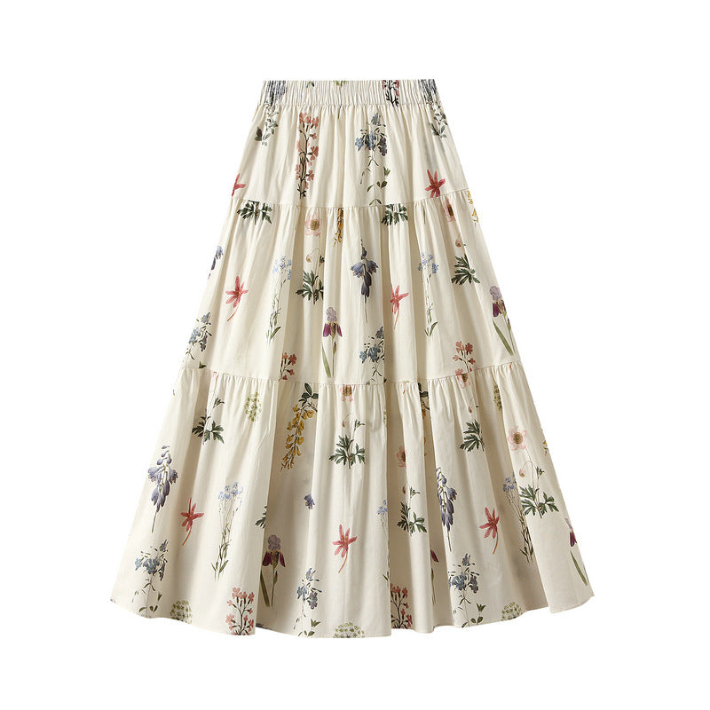 Sweet Floral Skirt Women Summer Series A line Elastic Waist Mid Length Big Hem Umbrella Skirt - ALZO