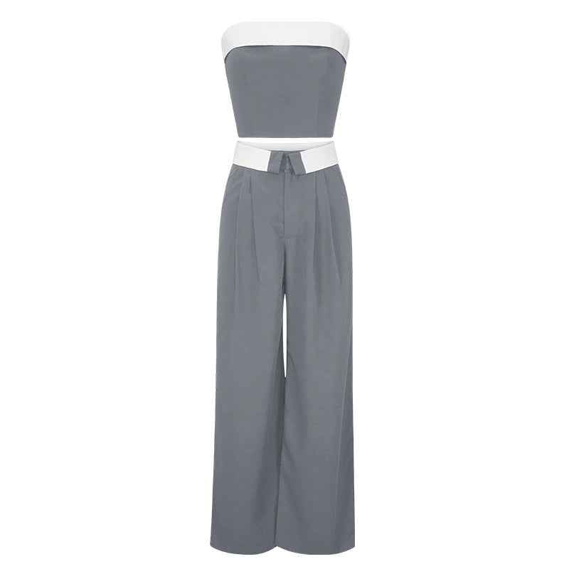 Spring Summer Contrast Color Vest Wide Leg Work Pant Casual Two Piece Suit