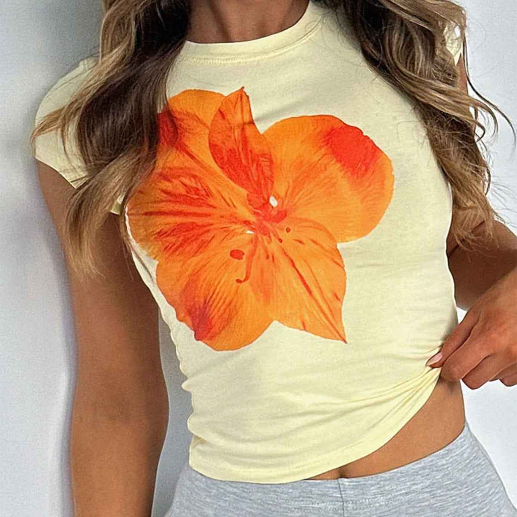 Spring Summer Top Women Casual Slim Fit Waist Floral Printed Short Sleeve T shirt