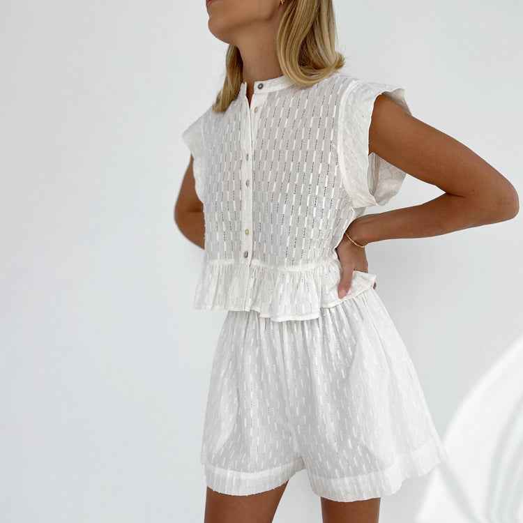 【MOQ-5 packs】 Summer Jacquard Short Sleeve Sense of Design Shirt Casual Office Shorts Set for Women
