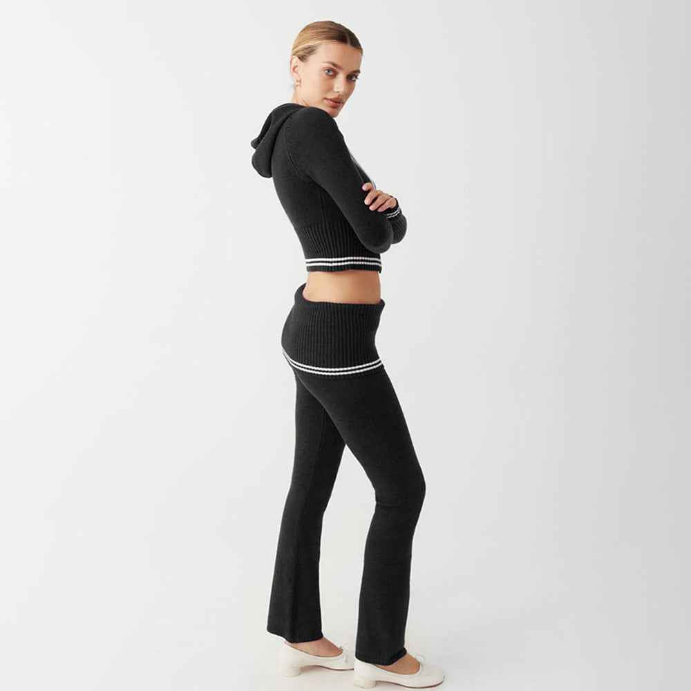 Fall Winter Knitted Two-Piece Sexy Bare Cropped Slim Fit Hoodie Bootcut Pants
