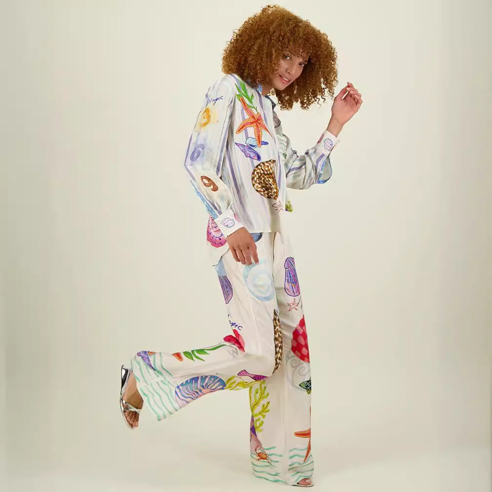 Satin Printed Personalized Graffiti Casual Shirt Trousers Two Piece Suit Amplified craft - ALZO