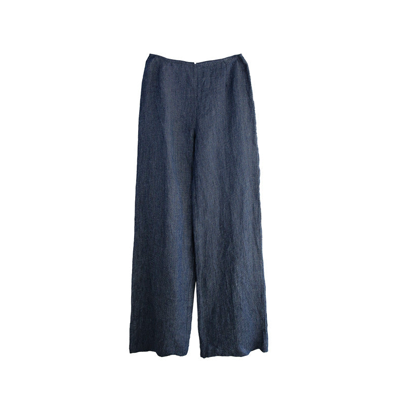 Pure Linen Yarn Dyed Trousers Women Fashionable All Matching Loose Fitting Mopping Pants Spring Summer Idle Slimming Wide Leg Pants - ALZO