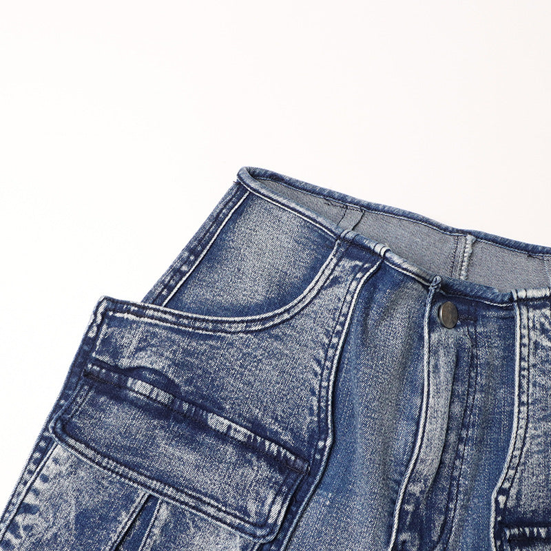 Casual Women Jeans Autumn Stitching Large Pocket Straight Slimming Denim Trousers - ALZO