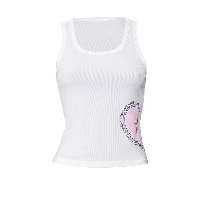 Heart Printing Sleeveless Round Neck Vest Top Women Clothing Bottoming Slimming Spring Summer - ALZO