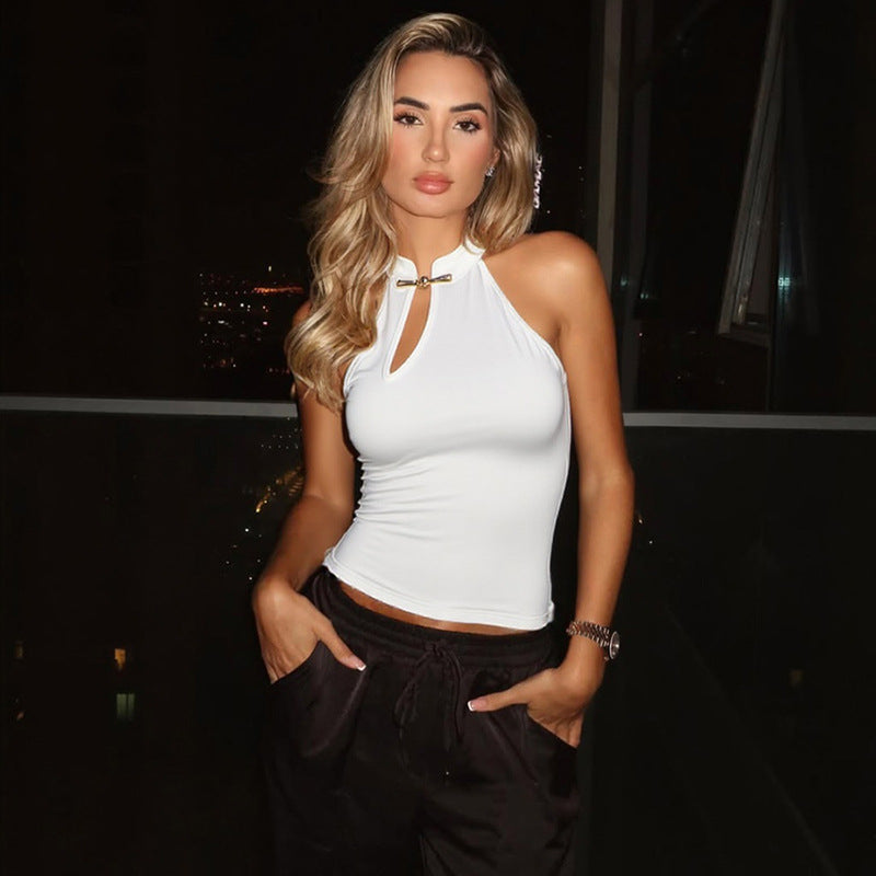 Spring Summer Women Clothing Personalized Stand Collar Open Solid Color Slim Fit Sexy Sleeveless T shirt Vest Women - ALZO