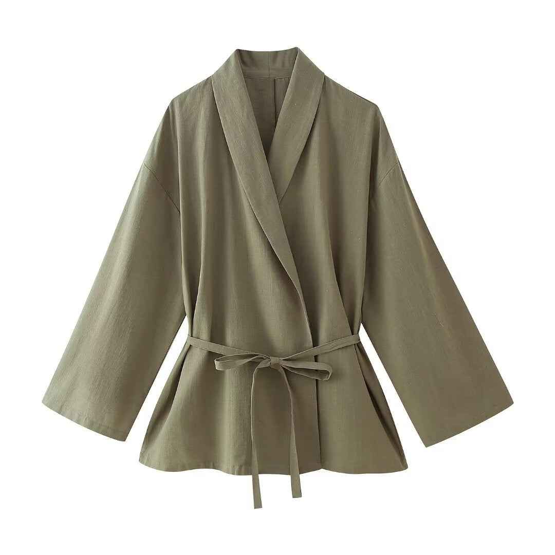 Women Clothing Casual Two Piece Sets Spring Autumn Kimono Lace up Top Pajamas Pants