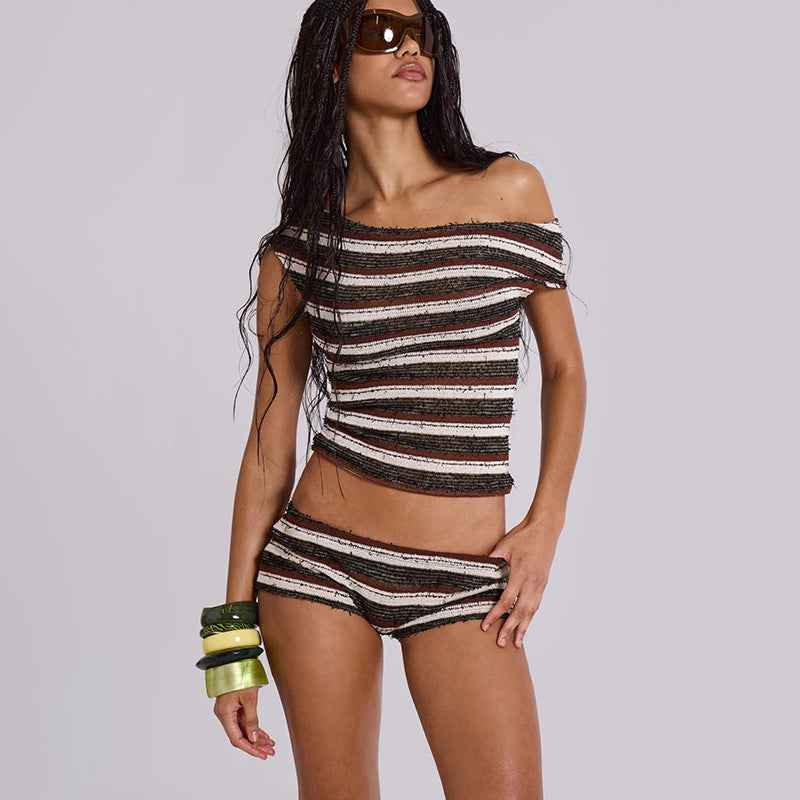 Summer Sexy Shoulder Striped Top Slim Fit Hip Raise Shorts Set Women