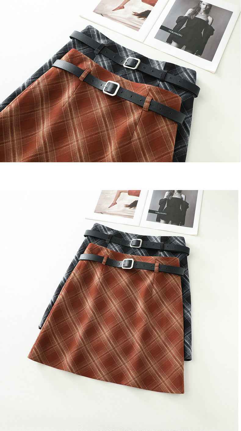 Retro Plaid Short Skirt High Waist All Matching A line Skirt Small Anti Aging Casual Slimming Skirt