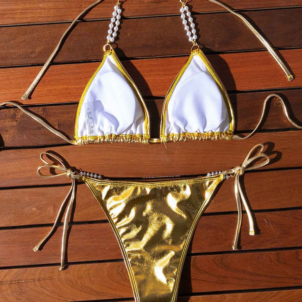Swimsuit Women Sexy Backless Halter Lace up Bikini Golden Swimsuit
