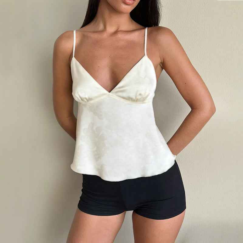 Satin Jacquard Sling Summer V neck Loose Top Women