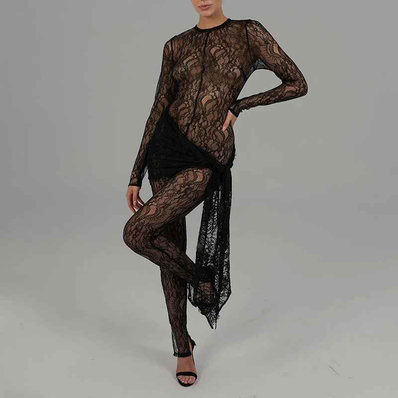 Fall Sexy Hollow Out Cutout Lace Sheer Long Sleeve Slim Fit Patchwork Jumpsuit for Women