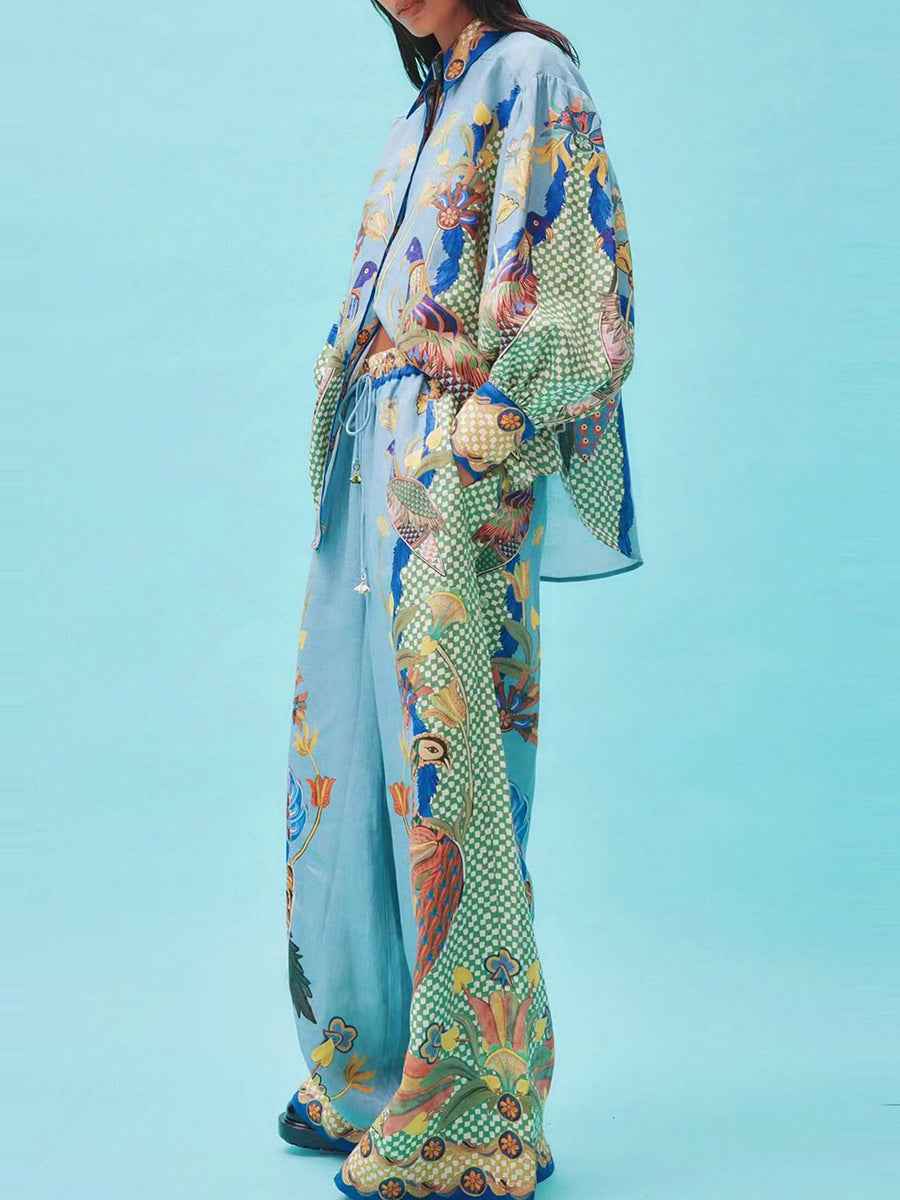 Spring Printing Collared Puff Sleeve Long Sleeve Shirt High Waist Wide Leg Mopping Blouse Pants