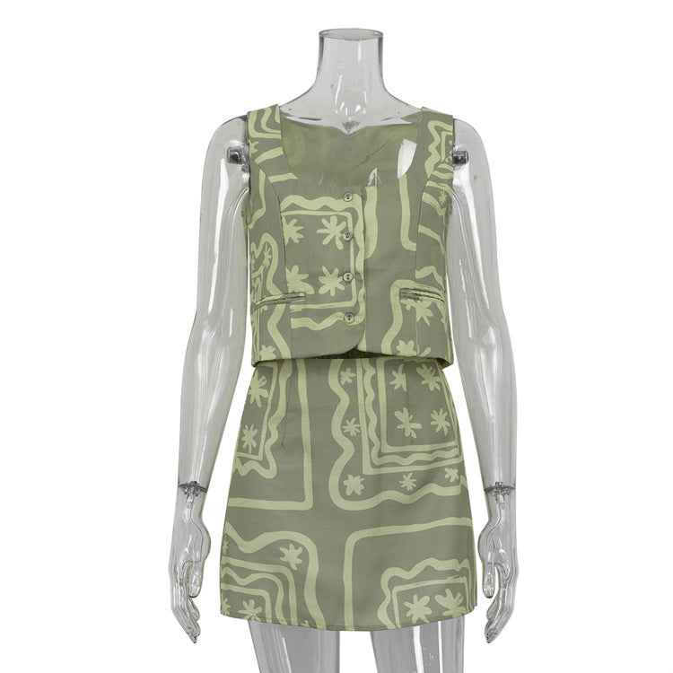 Vest Jacket Printing Suit Women Summer Two Piece Short Skirt Simple Casual Women Clothing