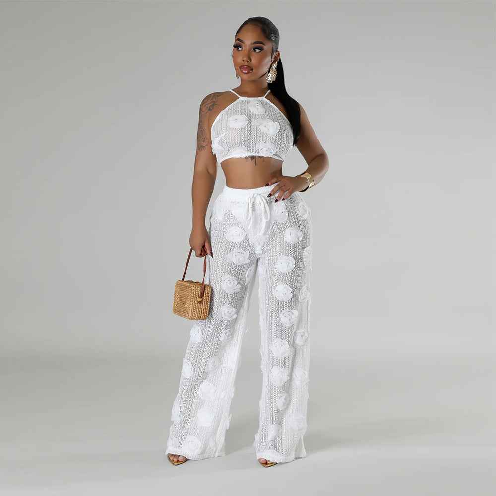 Knotted Short Top with Loose Slim Trousers Solid Color See through Two Piece Set for Women