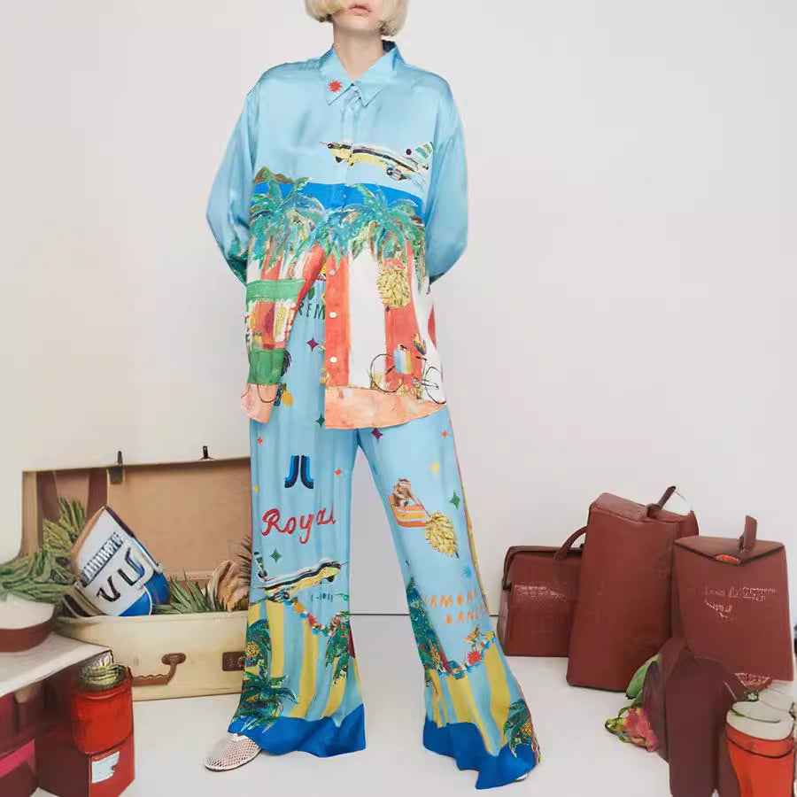Spring Autumn Long Sleeve Printed Pocket Suit Casual Loose Vacation Two Piece Set Women