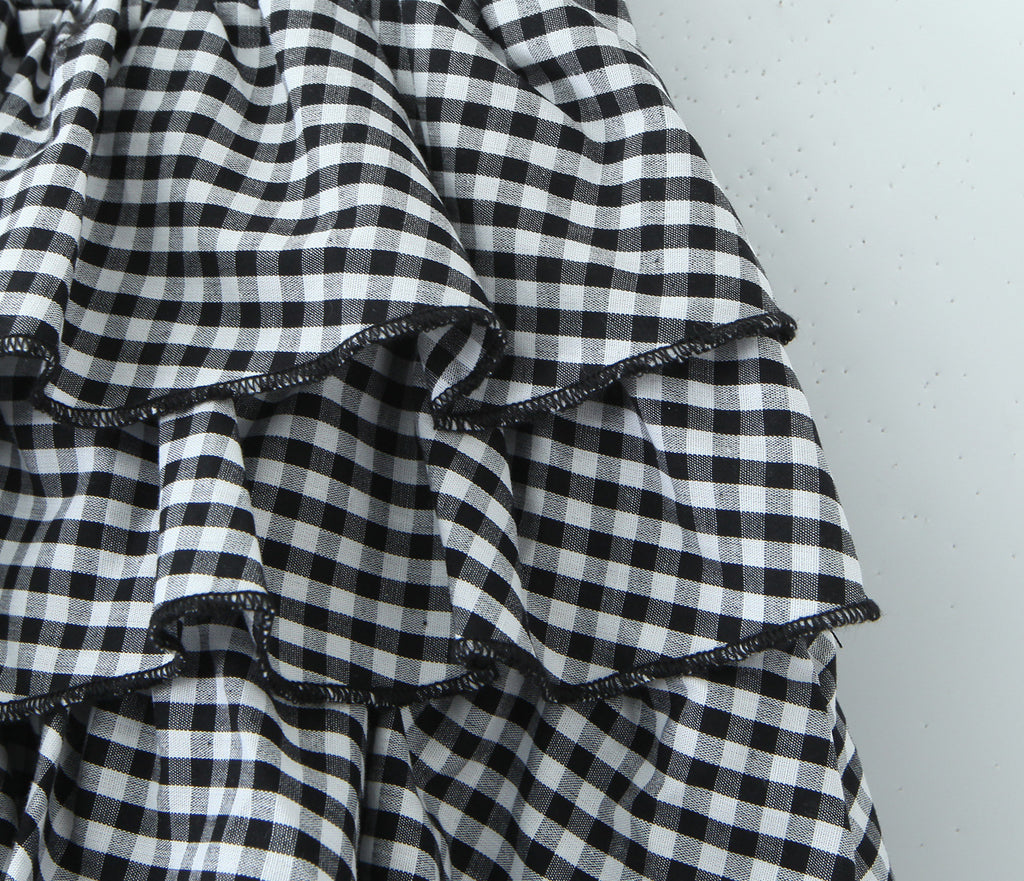 Retro Plaid Cake Short Skirt Women Sweet Sexy Elastic High Waist Ruffles Bubble Skirt - ALZO