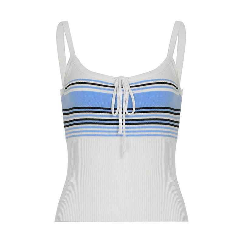 Summer Vintage Stripe Casual Sets Woolen Suspender Top Contrast Color Loose Lace up Trousers Two Piece Sets Women