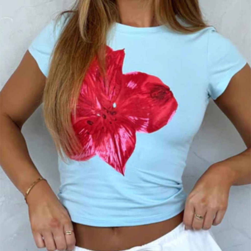 Spring Summer Top Women Casual Slim Fit Waist Floral Printed Short Sleeve T shirt