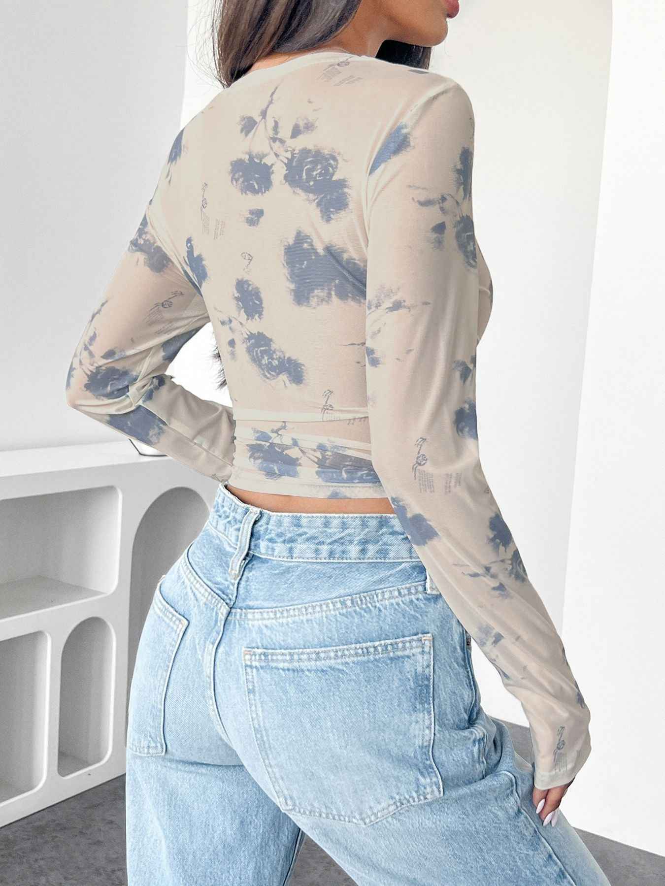 Autumn Winter Elegant Women loral Mesh Floral Print Pleated Side Short Top for Women