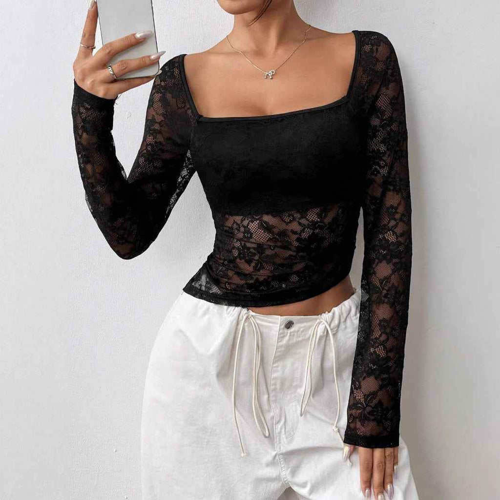 Elegant Women Lace U Collar Asymmetric Hem Design Long Sleeve T Shirt Top Women
