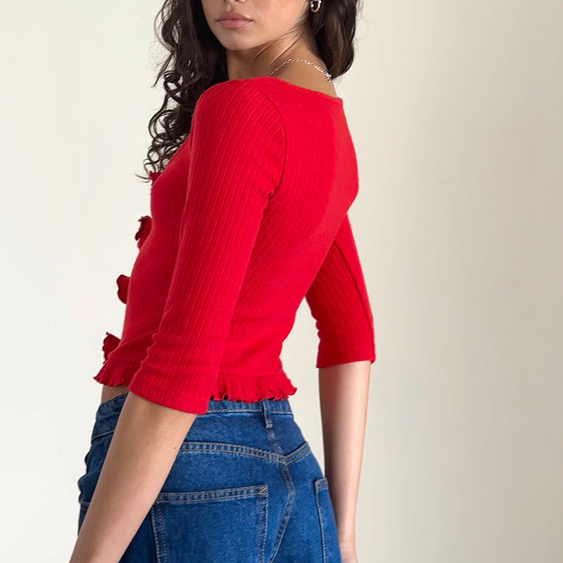 Elegant Sexy Sweater Sexy Three Quarter Sleeve Rose 3D Floral Wooden Ear Short Cropped Top - ALZO