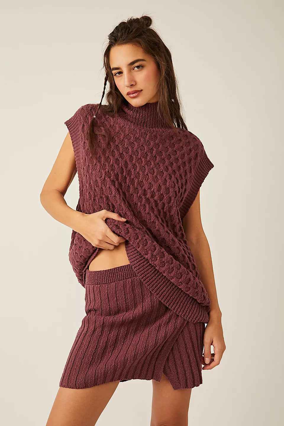 Autumn Winter Women Solid Color Sleeveless Casual Loose Woolen Top Sexy Skirt Two Piece Sets