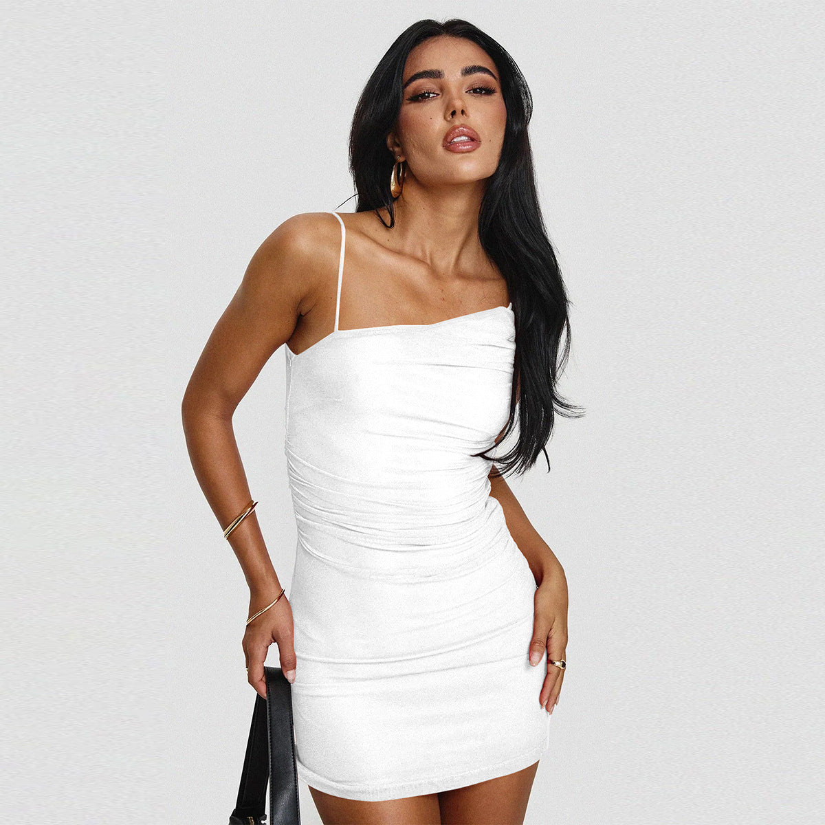 Women Clothing Sexy Diagonal Collar Sling Dress Hip Pleated Slim Fit Dress - ALZO