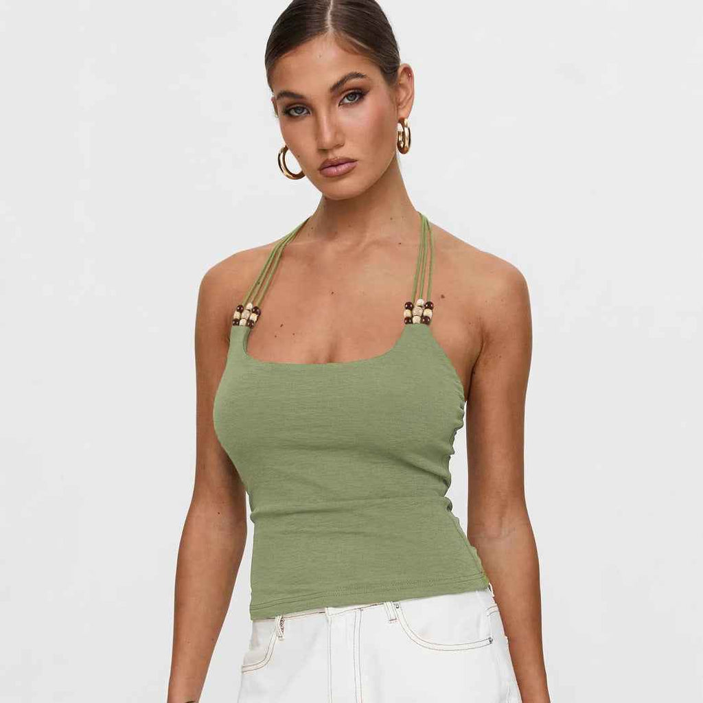 Sexy Retro Beaded Decoration Halterneck Vest Street Sexy Bottoming Backless Top
