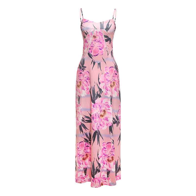 Spring Women Clothing French Sexy V neck Backless Slim Fit Floral Strap Dress