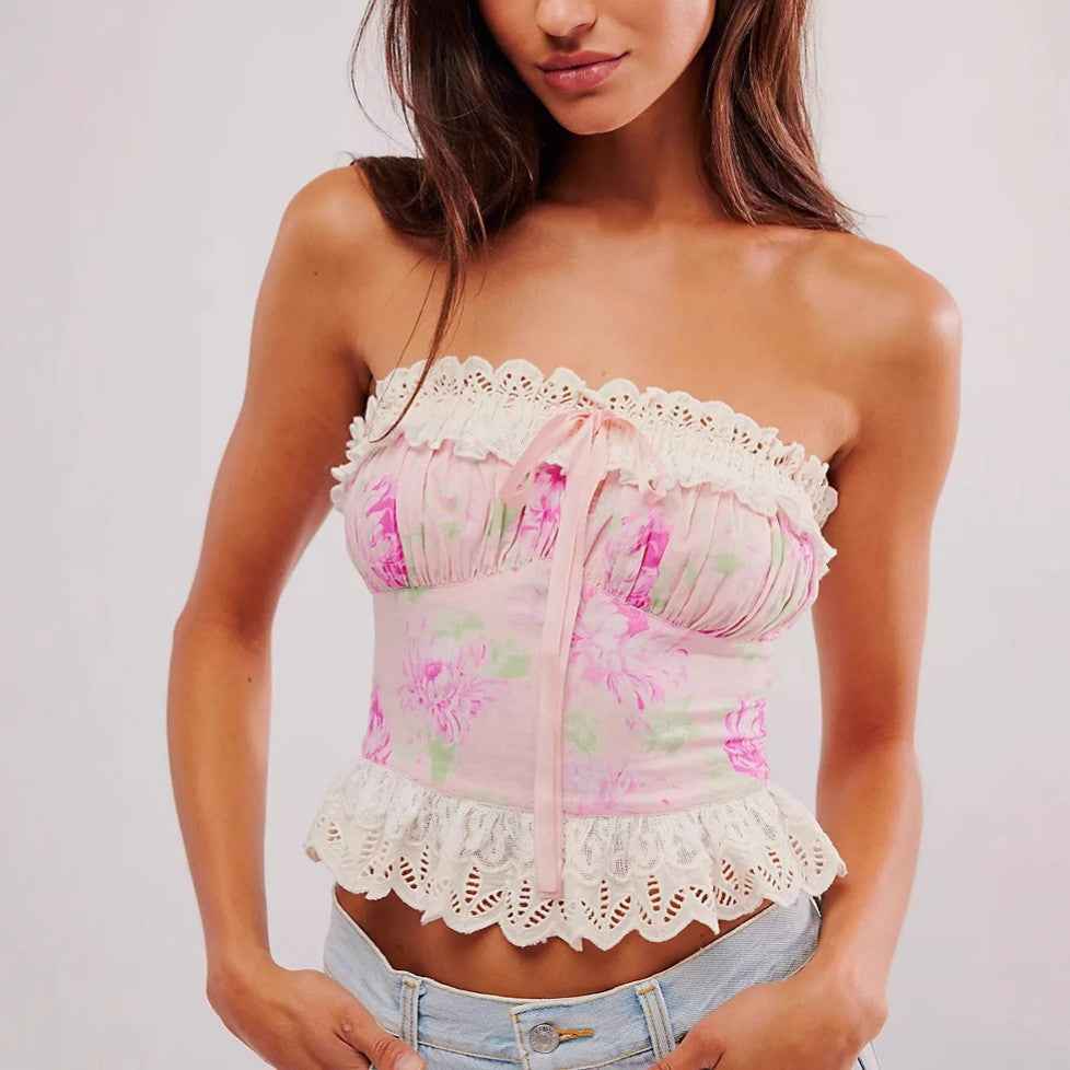 French Sexy Tied Slim Fit Lace Short Cropped Outfit Tube Top